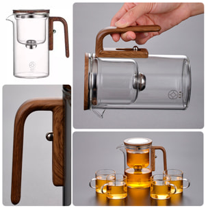 Tetera de cristal de 600 ml con filtración magnética, filtro de acero inoxidable de micromalla y vidrio borosilicato resistente al calor. Incluye 4 tazas.