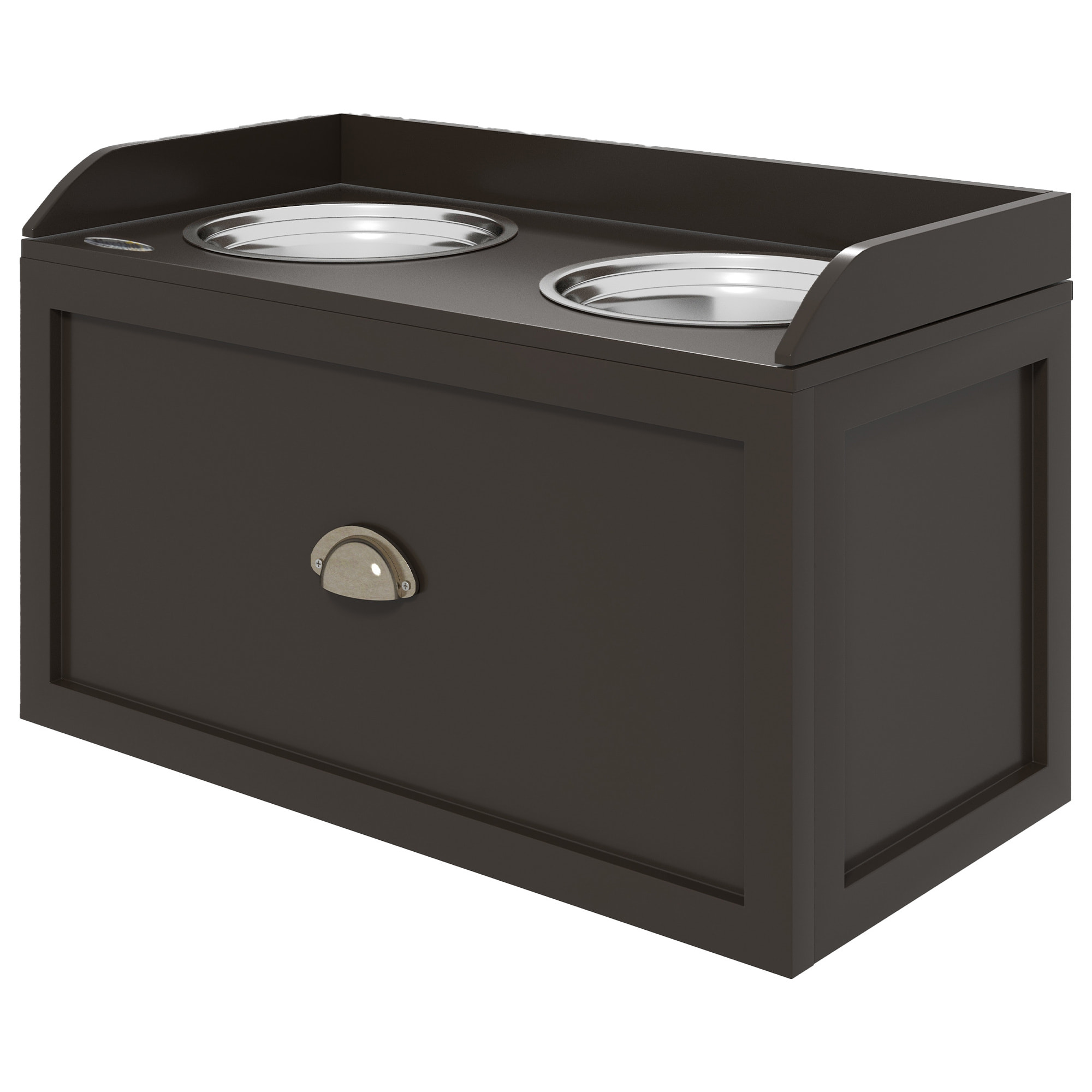 Gamelle double chien chat - porte-gamelles surélevé rangement 2 en 1 - tiroir, 2 gamelles - acier inox. MDF brun