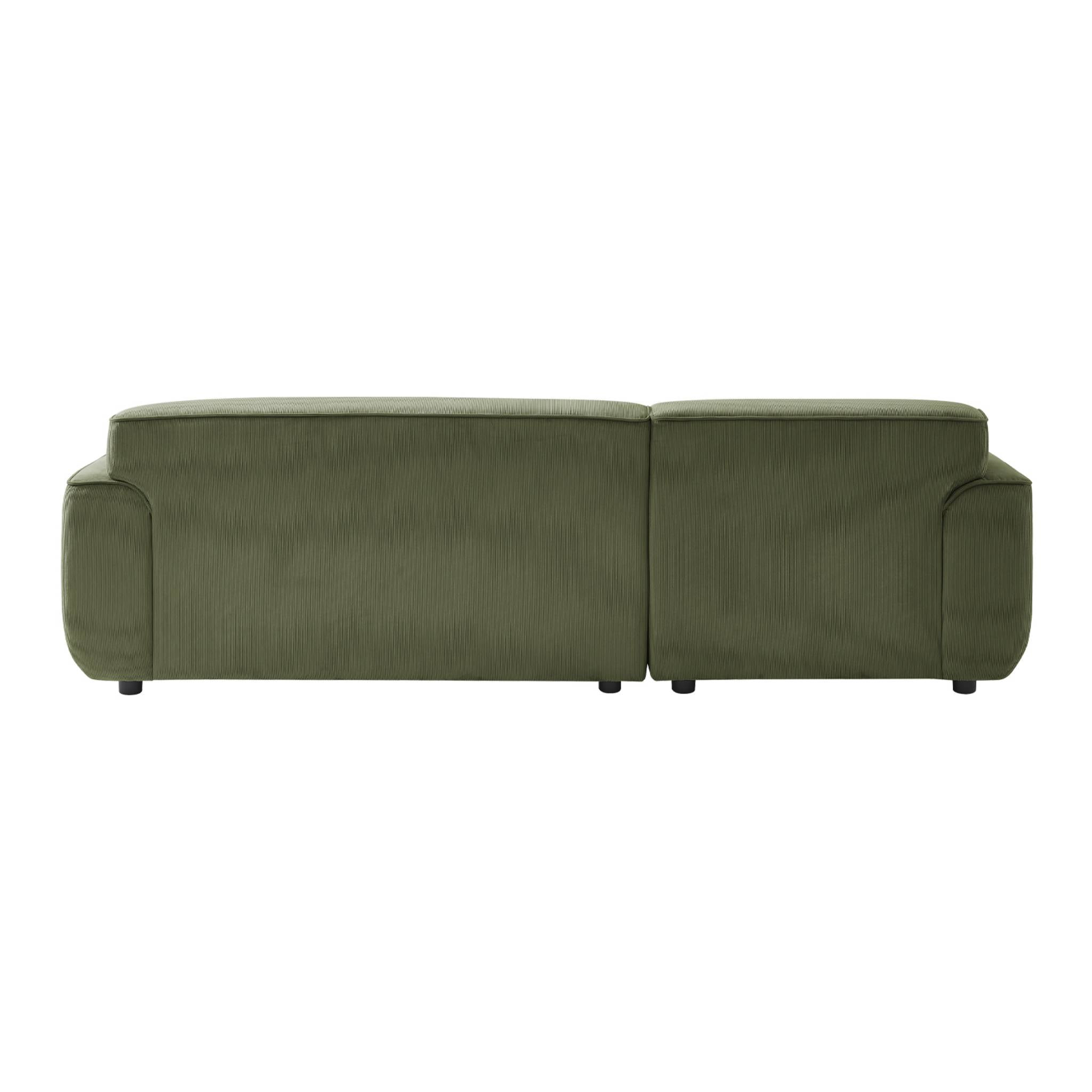 Canapé d'angle gauche. 2 à 3 places. velours côtelé vert. Wallas L 196 x P 151 / 91 / x H 73cm