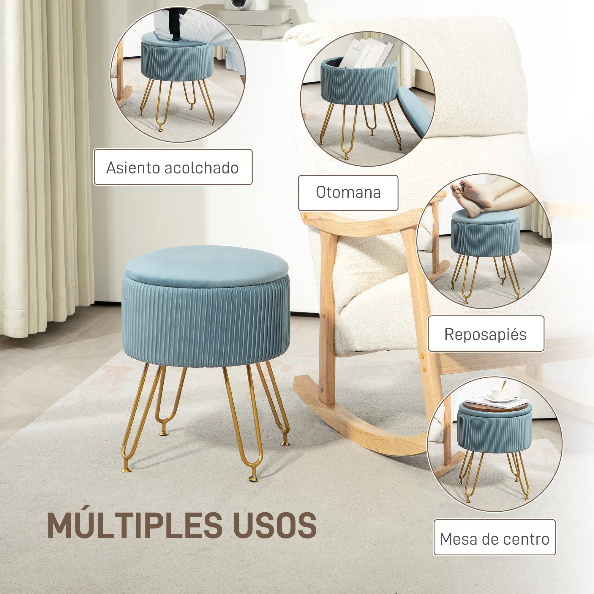 Baúl de Almacenaje para Dormitorio Puff Almacenaje Tapizado en Terciopelo Banco de Almacenaje con Patas de Acero para Pasillo Salón Ø40x48 cm Azul Claro