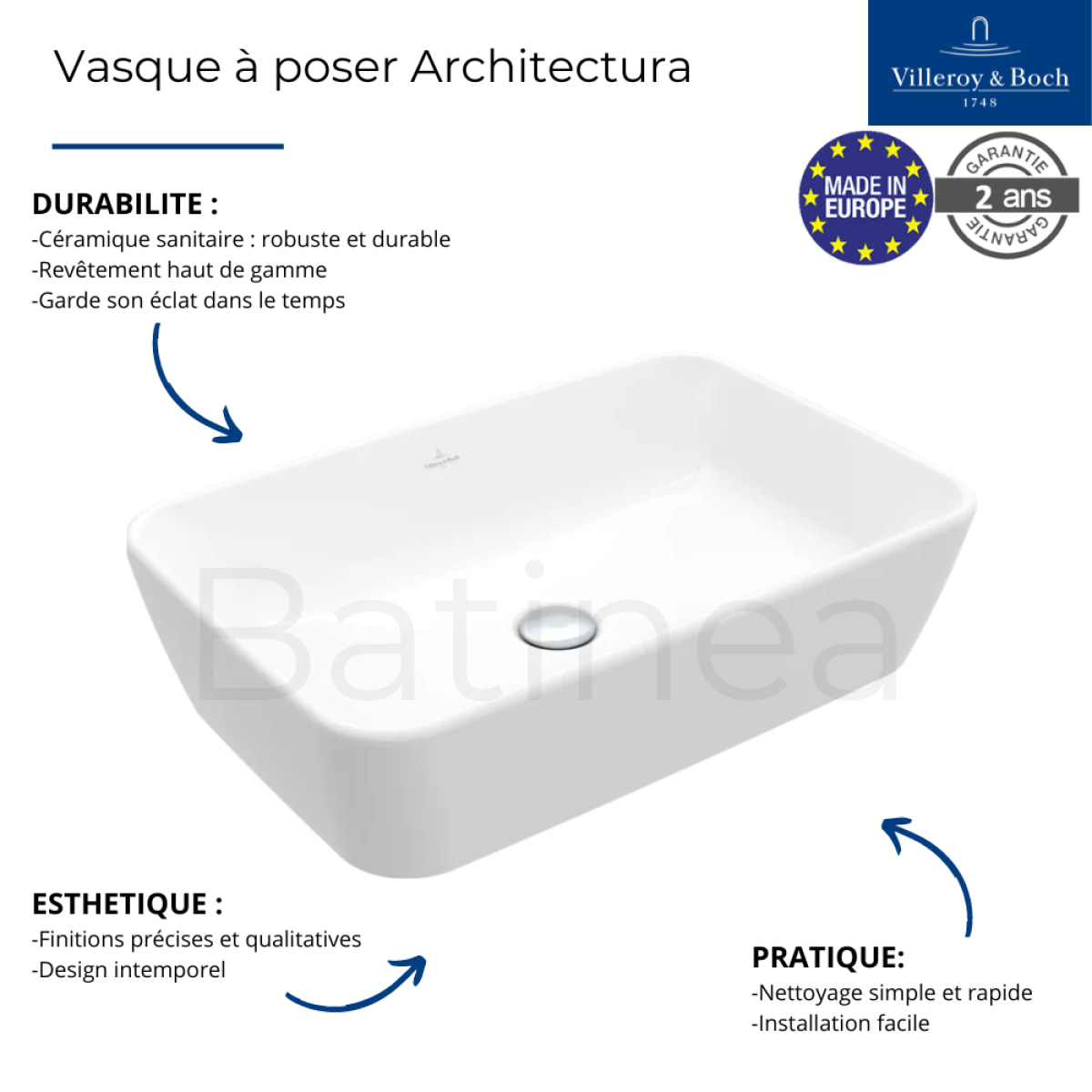 Vasque rectangle à poser Architectura 60 x 40,5 sans trop-plein