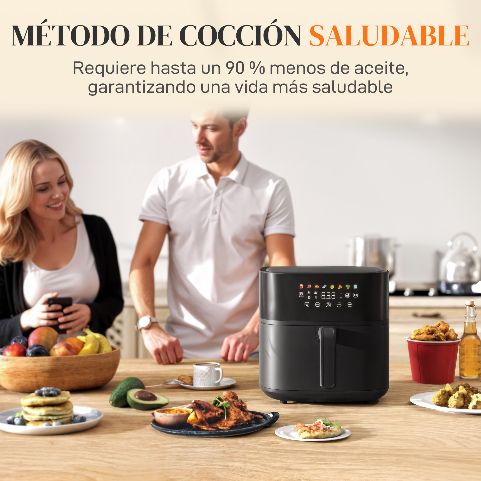 Freidora de Aire 8 L Air Fryer 1700 W Circulación de Aire Caliente a 360° Temperatura Regulable 80-200°C 8 Programas Panel Táctil Temporizador Negro