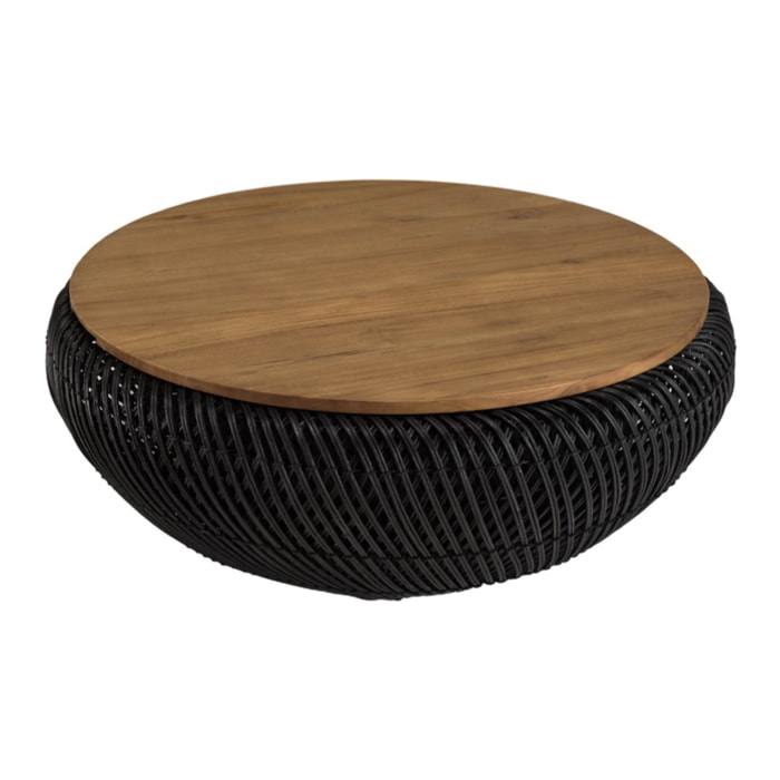 SIXTINE - Table basse ronde 80x80cm en rotin noir plateau amovible