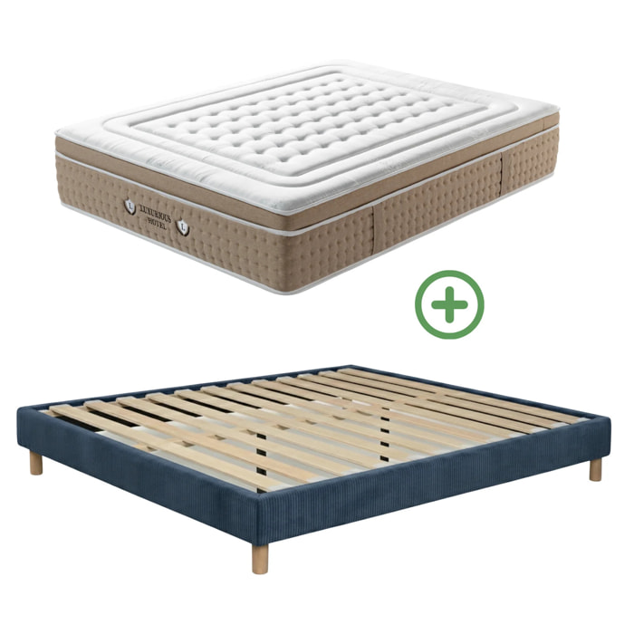 Ensemble matelas Bali & sommier Cancun | Mémoire de forme et ressorts ensachés | Cadre à lattes | Velours côtelé | Bleu nuit