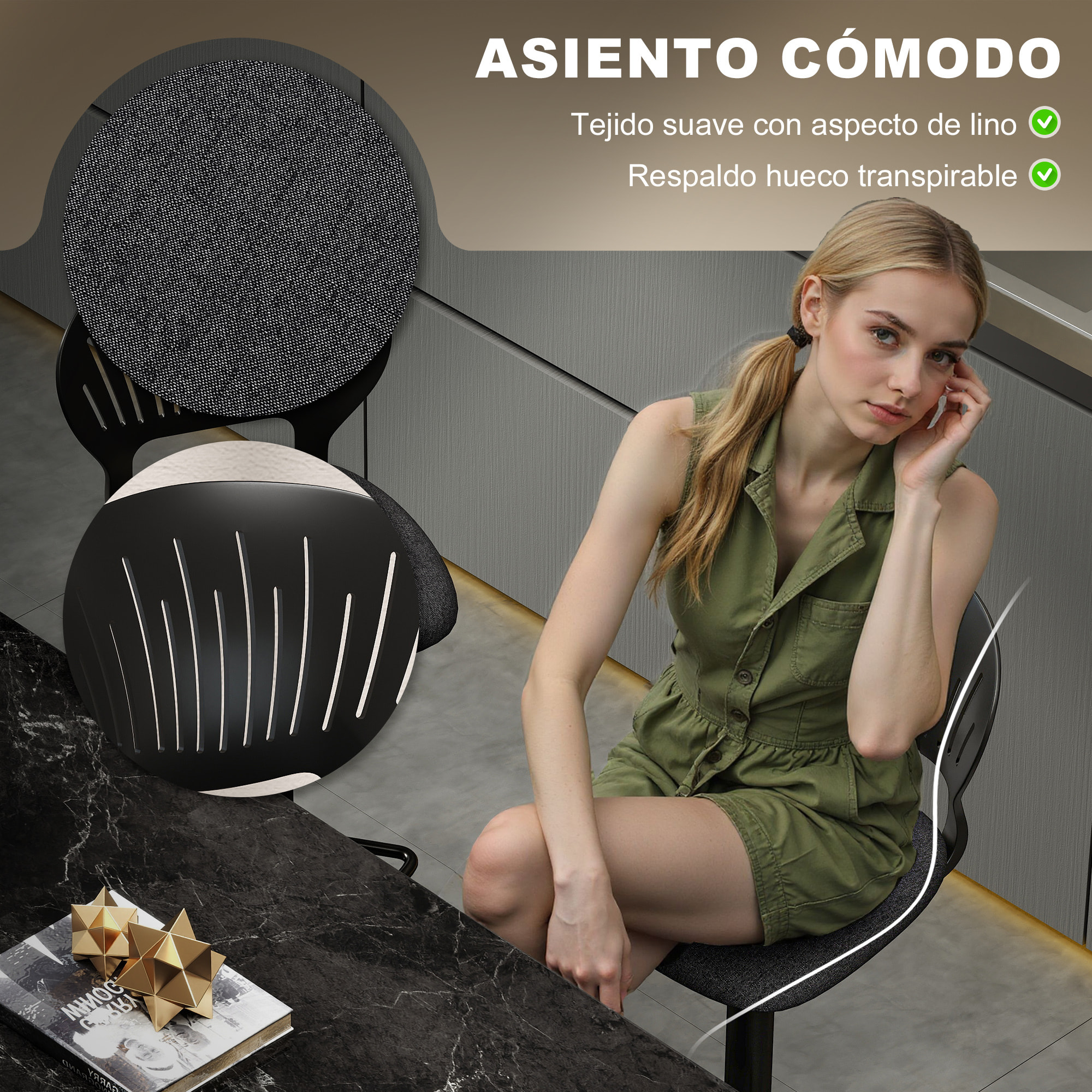 Juego de 2 Taburetes Altos de Cocina Giratorios en 360°, Taburetes de Bar Regulables en Altura de 84-105 cm, Respaldo Hueco, Reposapiés, para Comedor, Mostrador, Negro