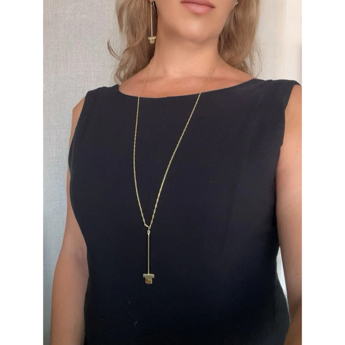 Conjunto Colalr largo y pendientes Atardecer Ambar en dorado chapado latón y crital SW