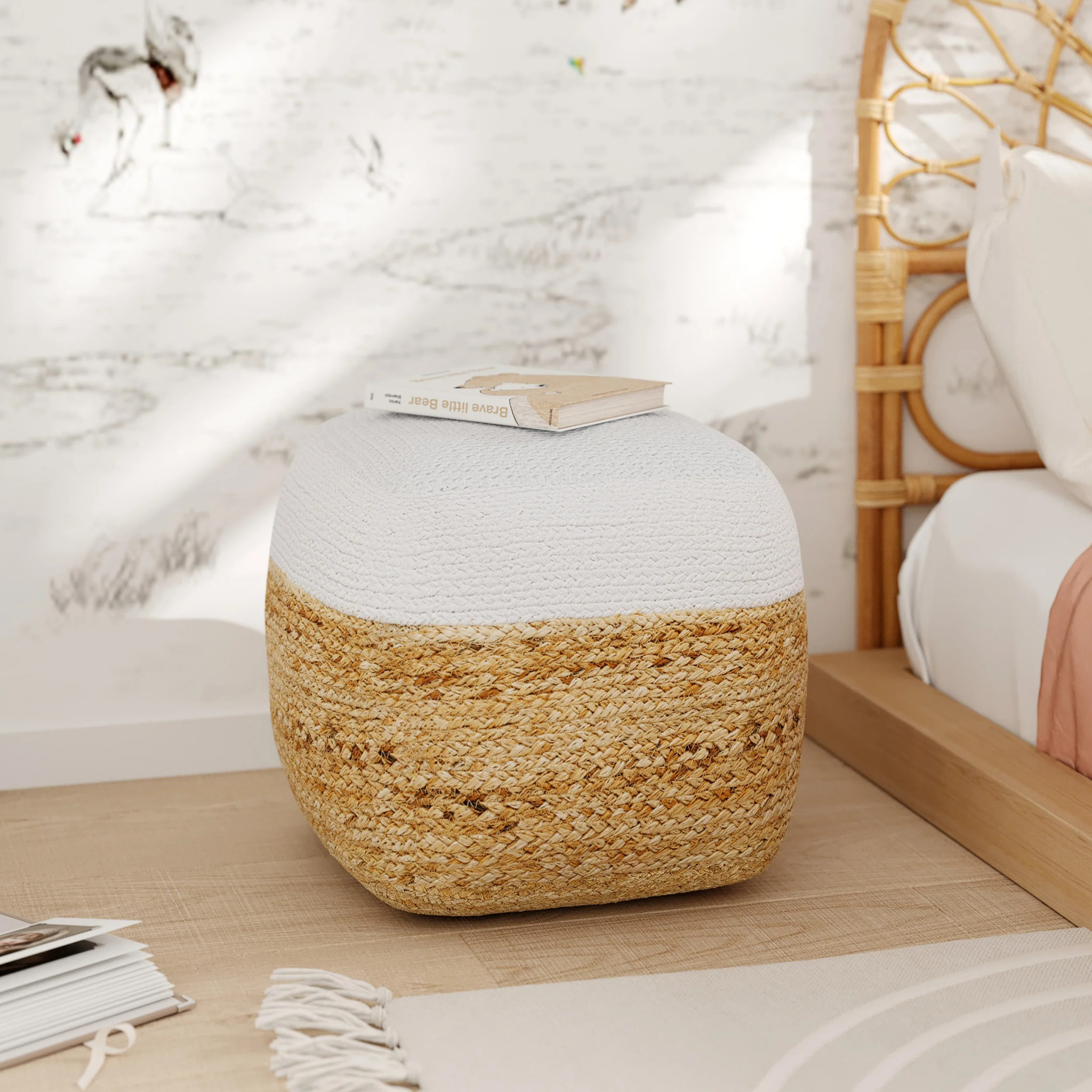 Pouf en jute beige et blanc D40 cm - Billy