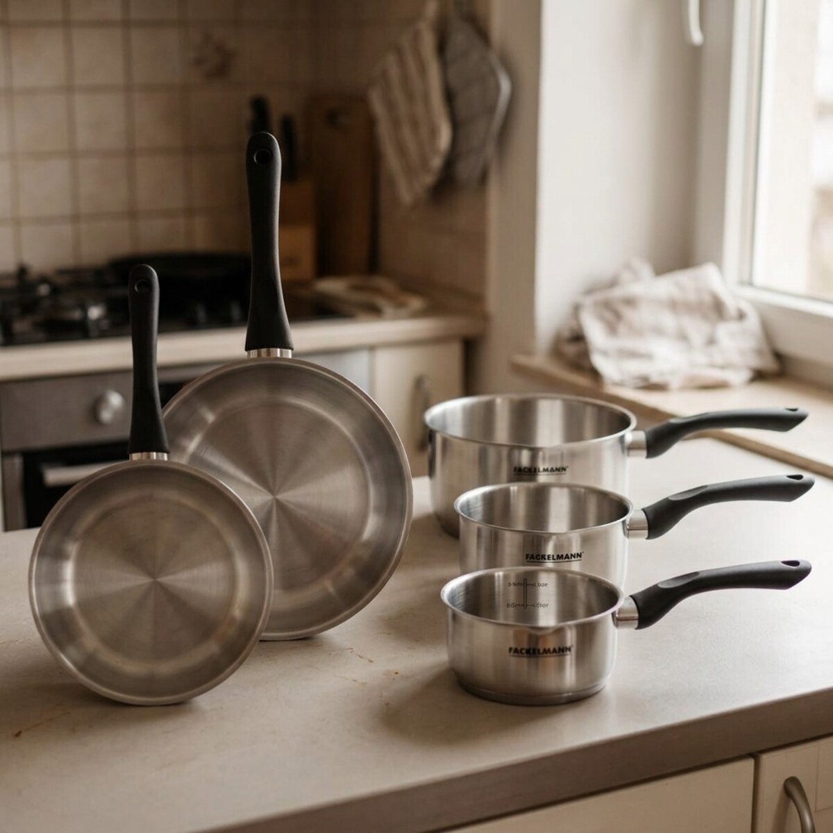 Set 2 poêles et 3 casseroles en inox Fackelmann Geneva