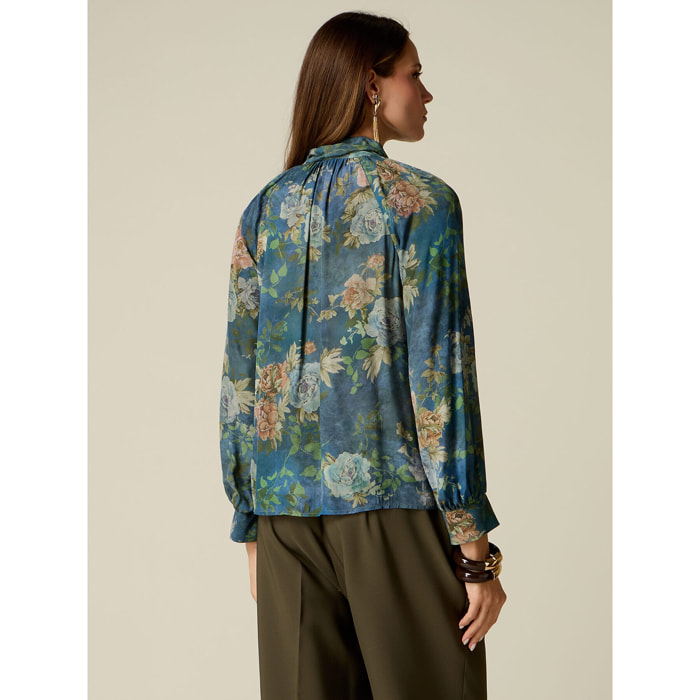 Oltre - Blusa fantasia con fiocco - Blu