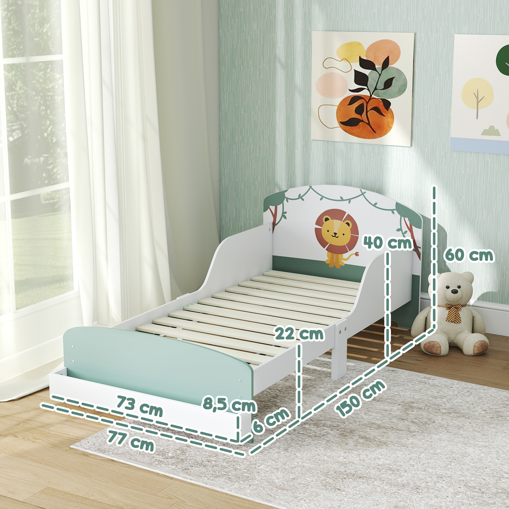 Cama infantil 70x140 cm de Madera con Almacenaje Cama para Niños de +3 Años con Protección Anticaída Cabecero en Dibujo de León Carga 40 kg para Dormitorio Verde