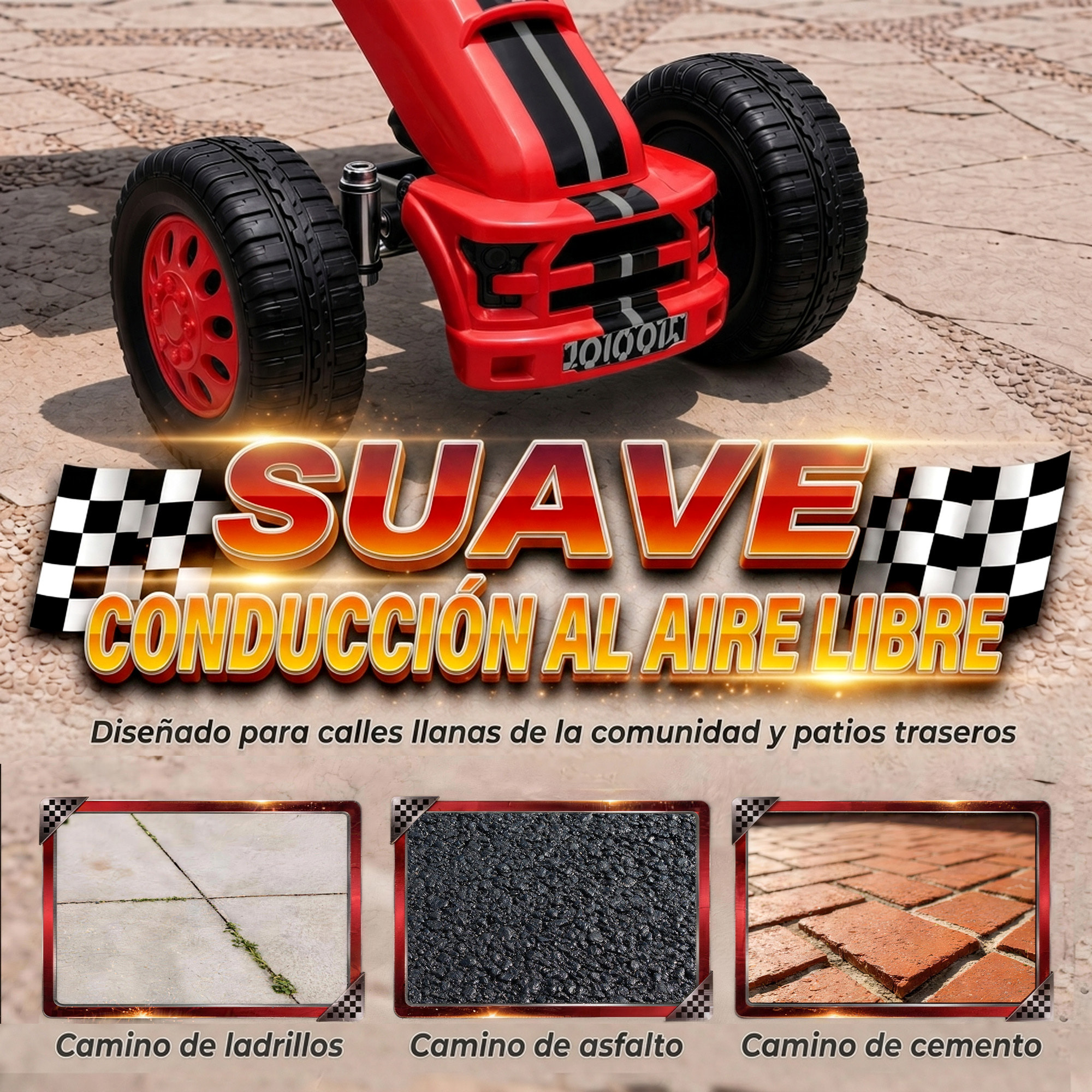 AIYAPLAY Kart Pedales para Niños de +3 Años, Go Kart con Asiento Ajustable, Volante, Freno Manual, Marco de Aluminio y Acero, Carga 30 kg, Rojo
