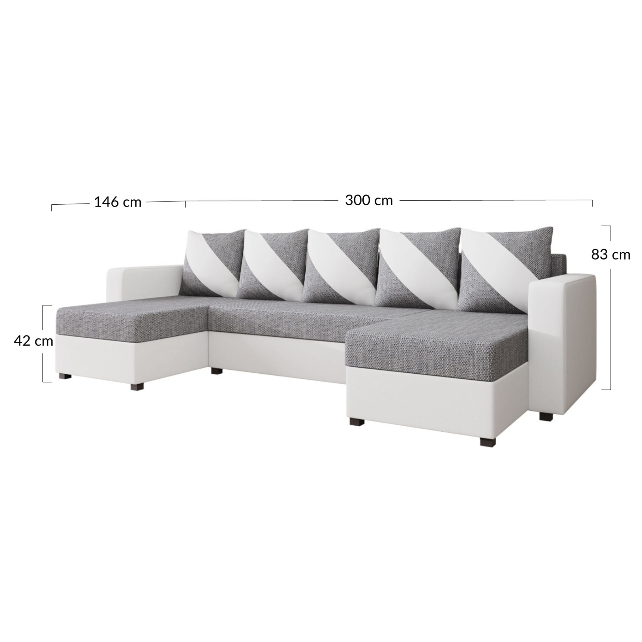 Romy - canapé panoramique en U - 7 places - convertible avec coffre - en tissu et PU - Noir / Gris
