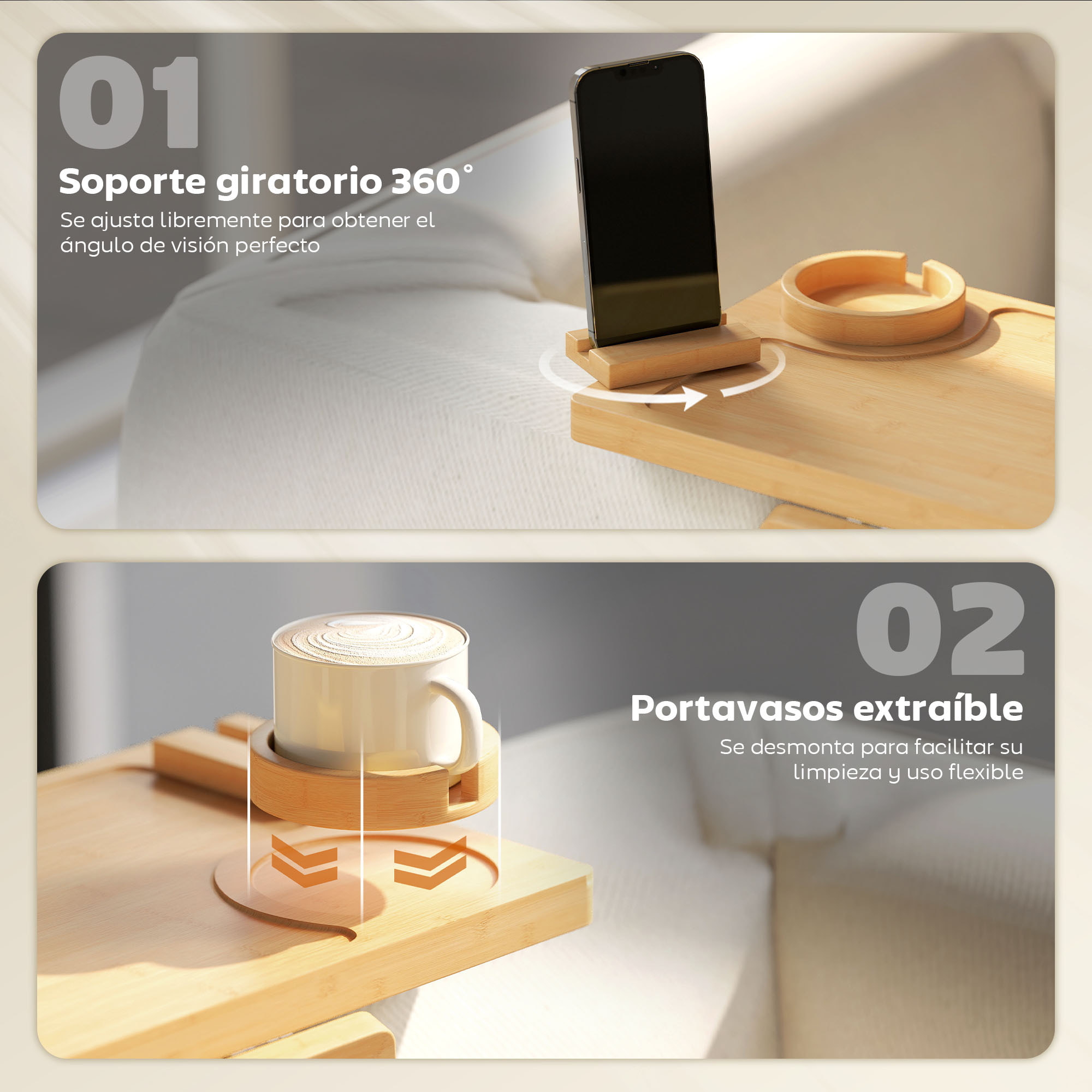Bandeja para Reposabrazos para Sofá Flexible de Bambú, Bandeja de Brazo para Sofá con Portavasos Extraíble, Mesa Lateral con Bisagras y Soporte Giratorio 360° para Teléfono, Aperitivos, Bebidas