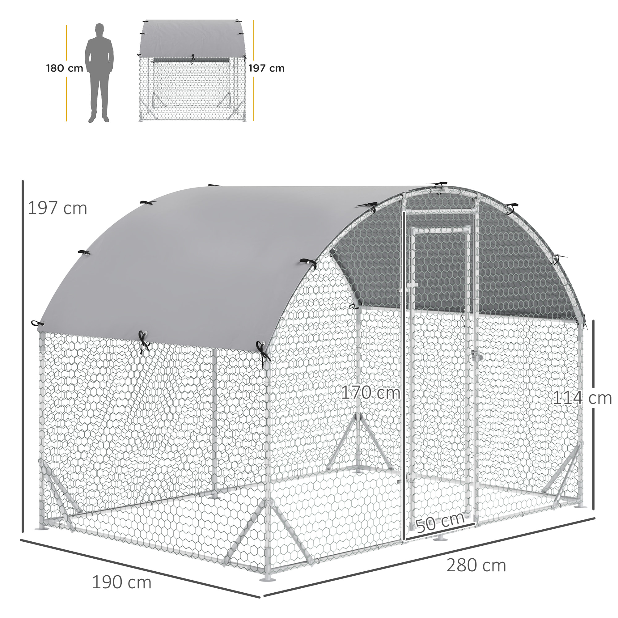 Gallinero para Exterior Grande de Acero Galvanizado 280x190x197 cm Jaula de Aves Cubierta de Tela Oxford Impermeable y Resistente a los Rayos UV para Patio Plata