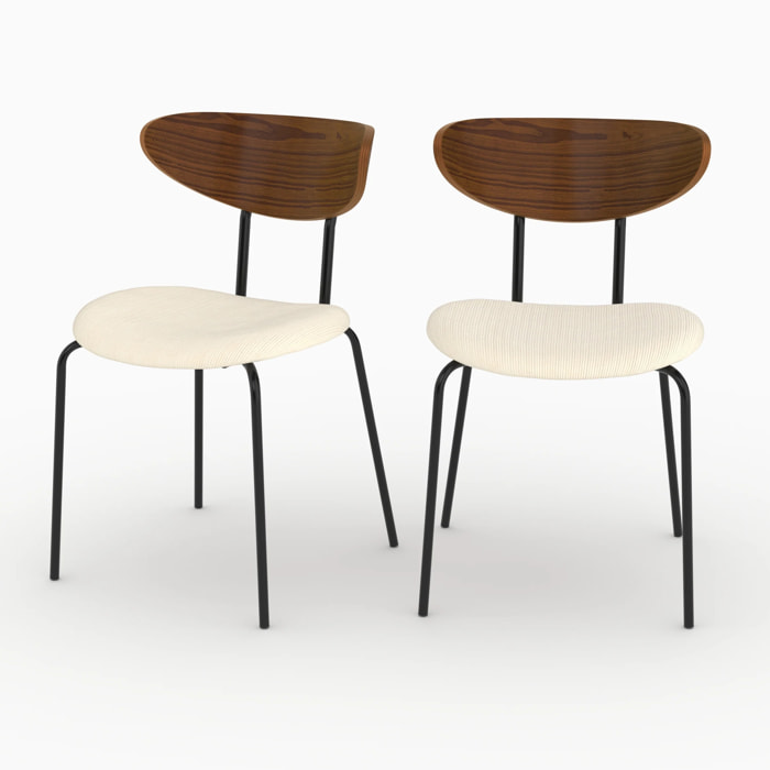 Lot de 2 chaises en velours côtelé blanc crème et dossier en bois - Jade
