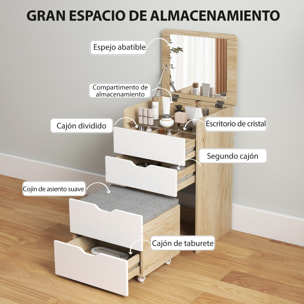 Tocador de Maquillaje 3 en 1 con Taburete Oculto y Espejo Abatible, Mesa de Maquillaje de Vidrio Visible con 3 Cajones y Taburete Acolchado, para Espacios Reducidos, Vestidor, Roble y Blanco