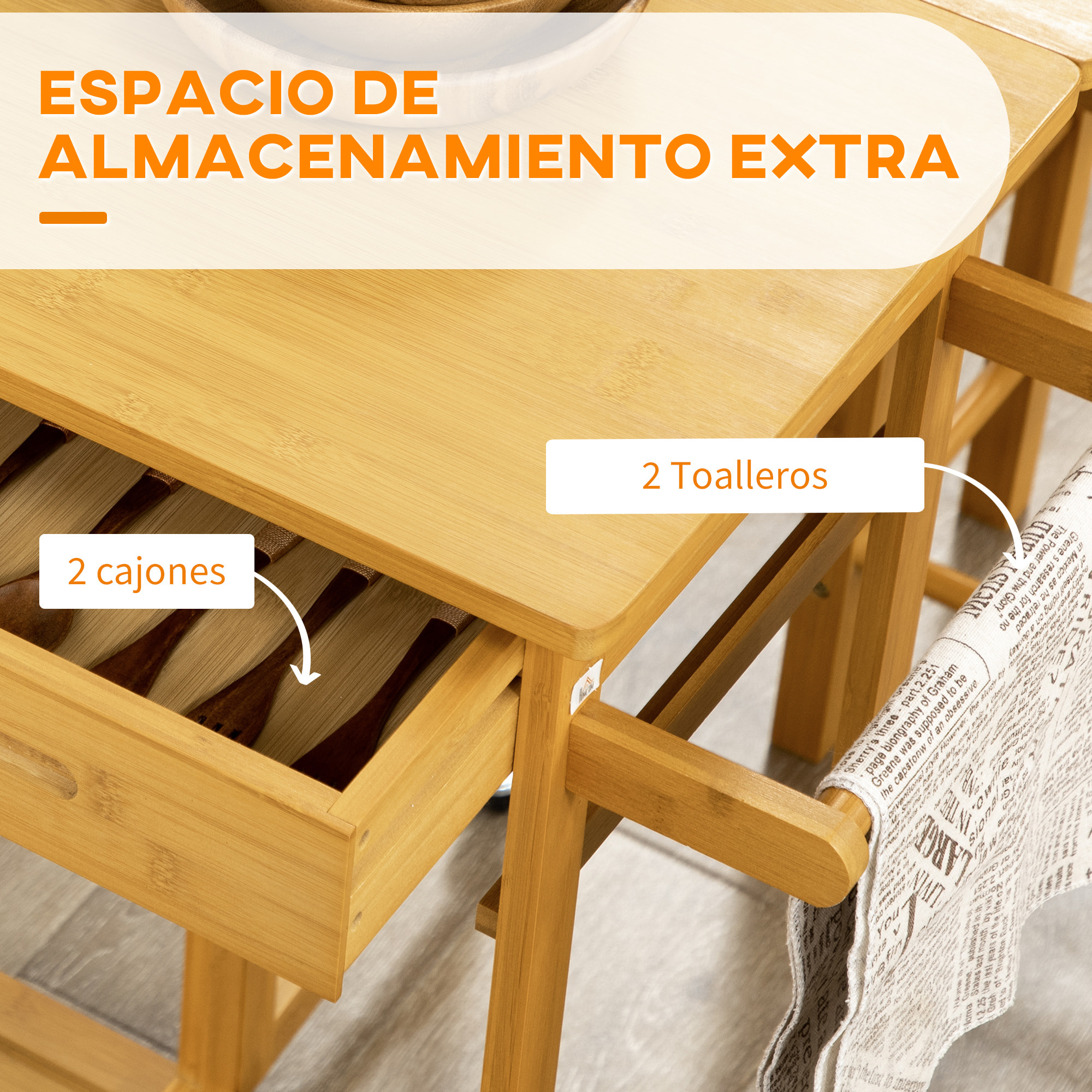 Juego de Mesa Alta de Bar y 2 Taburetes, Mesa Alta de Cocina de Bambú con Ruedas, Tablero Plegable, Ahorro Espacio, Cajones, Toalleros y Reposapiés, Marrón