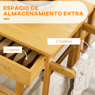 Juego de Mesa Alta de Bar y 2 Taburetes, Mesa Alta de Cocina de Bambú con Ruedas, Tablero Plegable, Ahorro Espacio, Cajones, Toalleros y Reposapiés, Marrón
