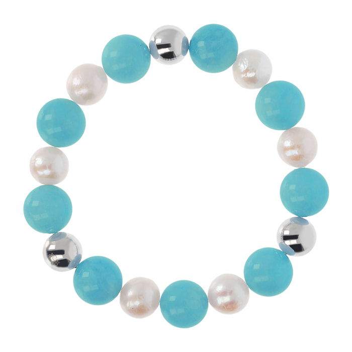 PERLAVIVA - Bracciale Elastico con Sfere, Quarzo Celeste e Perle d'Acqua Dolce Bianche Ø 9/10 mm