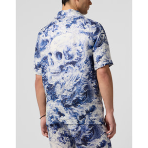 PHILIPP PLEIN Linen Bowling Shirt All-Over Ceramic