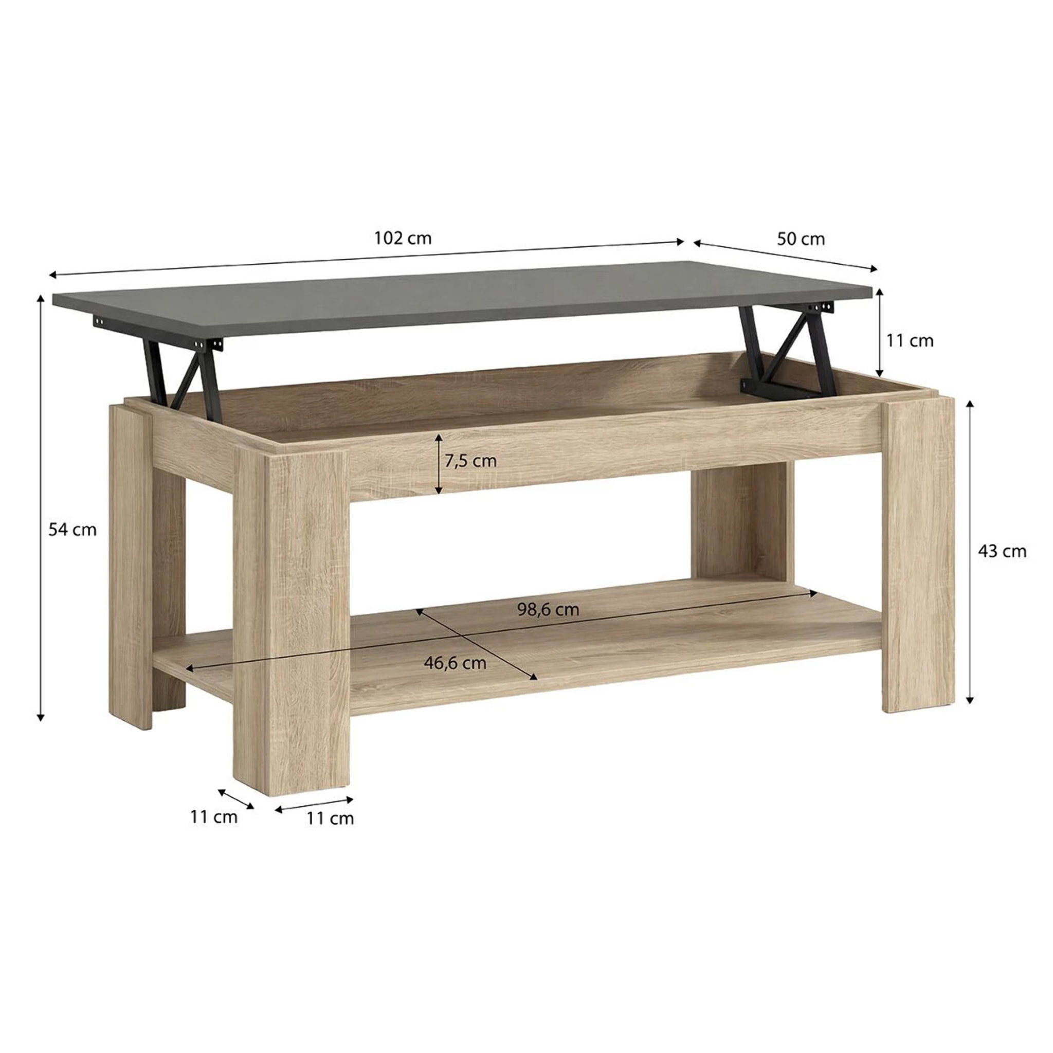 Mesa de centro elevable con almacenaje en roble canadian y gris grafito 102x43-54 cm Lya Roble Canadian - Gris Grafito