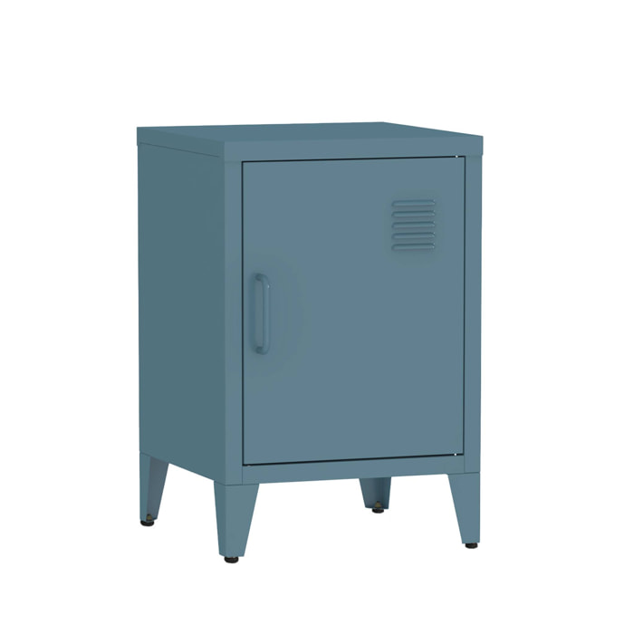Table de chevet en acier bleu. 1 porte. casier