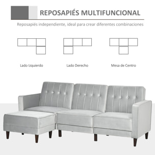 Sofá Cama con Chaise Longue de 3 Plazas Convertible con Reposapiés Movible Respaldo Ajustable y Reposabrazos Tacto Aterciopelado 218x85x86 cm Gris Claro