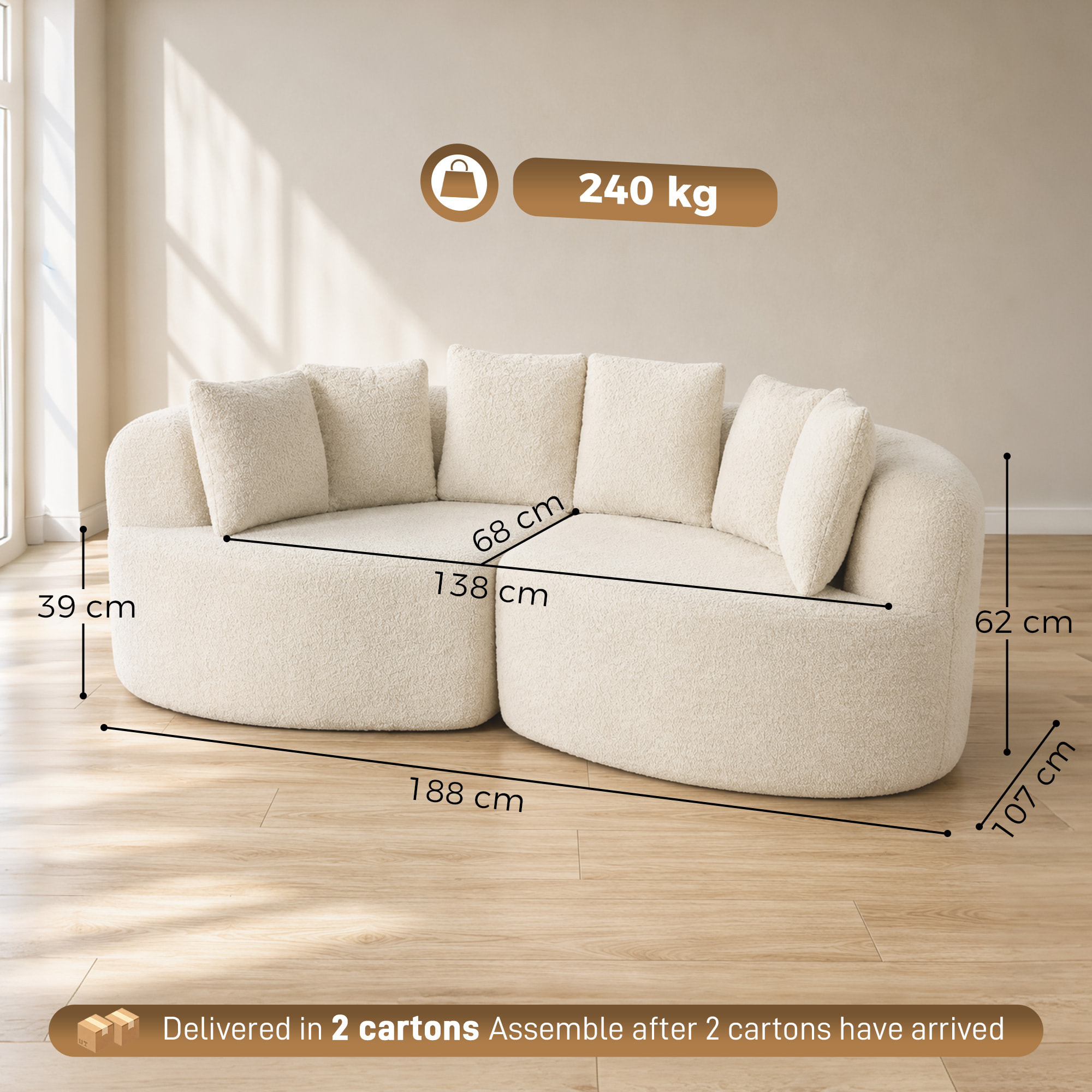 Canapé design arrondi 3 places 6 coussins tissu chenille crème