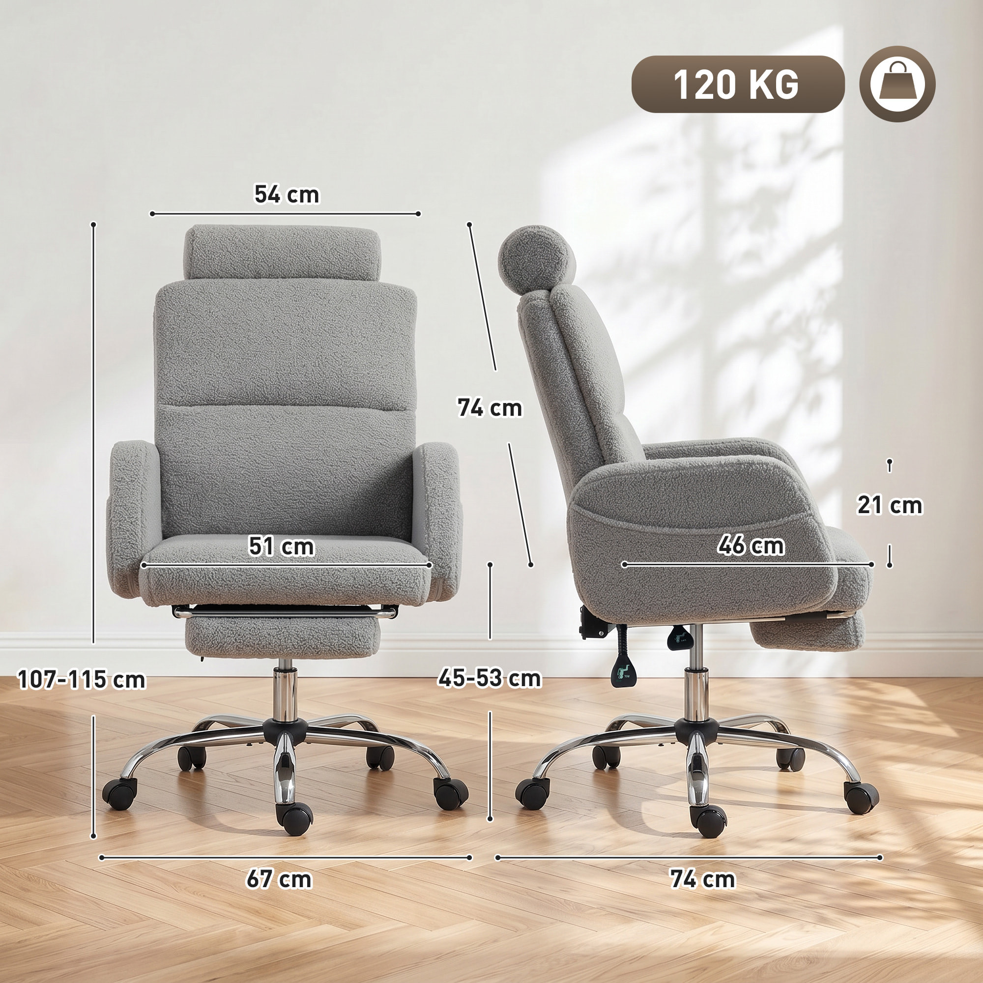 Silla de Escritorio con Reposapiés Tapizada en Borreguito Silla de Oficina con Respaldo Reclinable Reposacabezas Ajustable Respaldo Alto Altura Ajustable Gris Claro