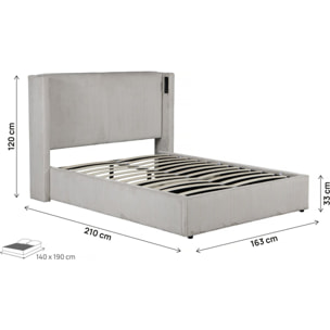 Lit double en velours côtelé avec coffre et lampe intégré "Cortina" - 140 x 190 cm-  Beige