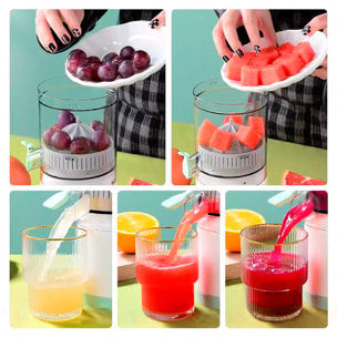 Exprimidor doméstico de naranjas recargable 7,4V / 45W con filtro de pulpa y una sola tecla de uso.