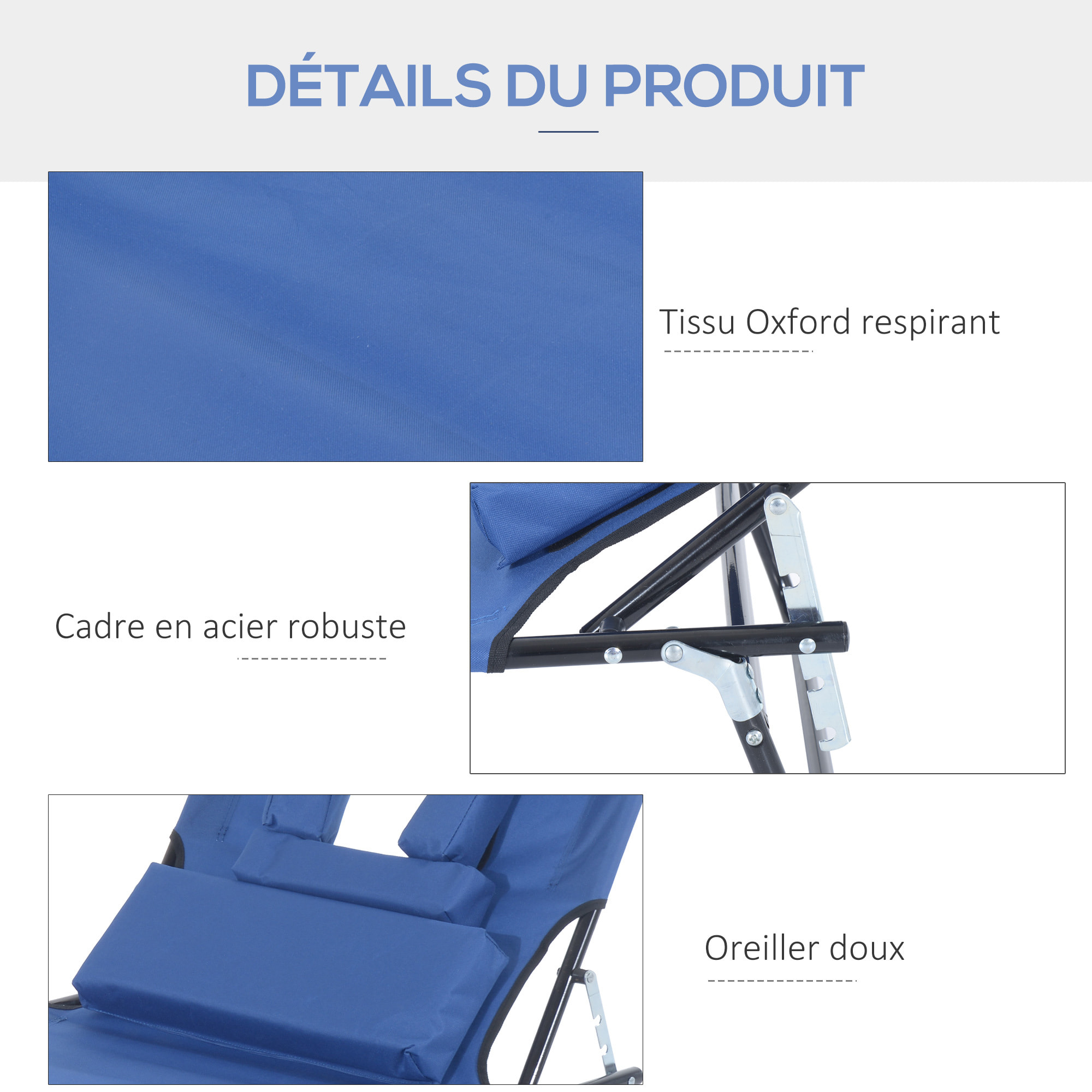 Bain de soleil pliable transat inclinable 4 positions chaise longue de lecture 3 coussins fournis bleu