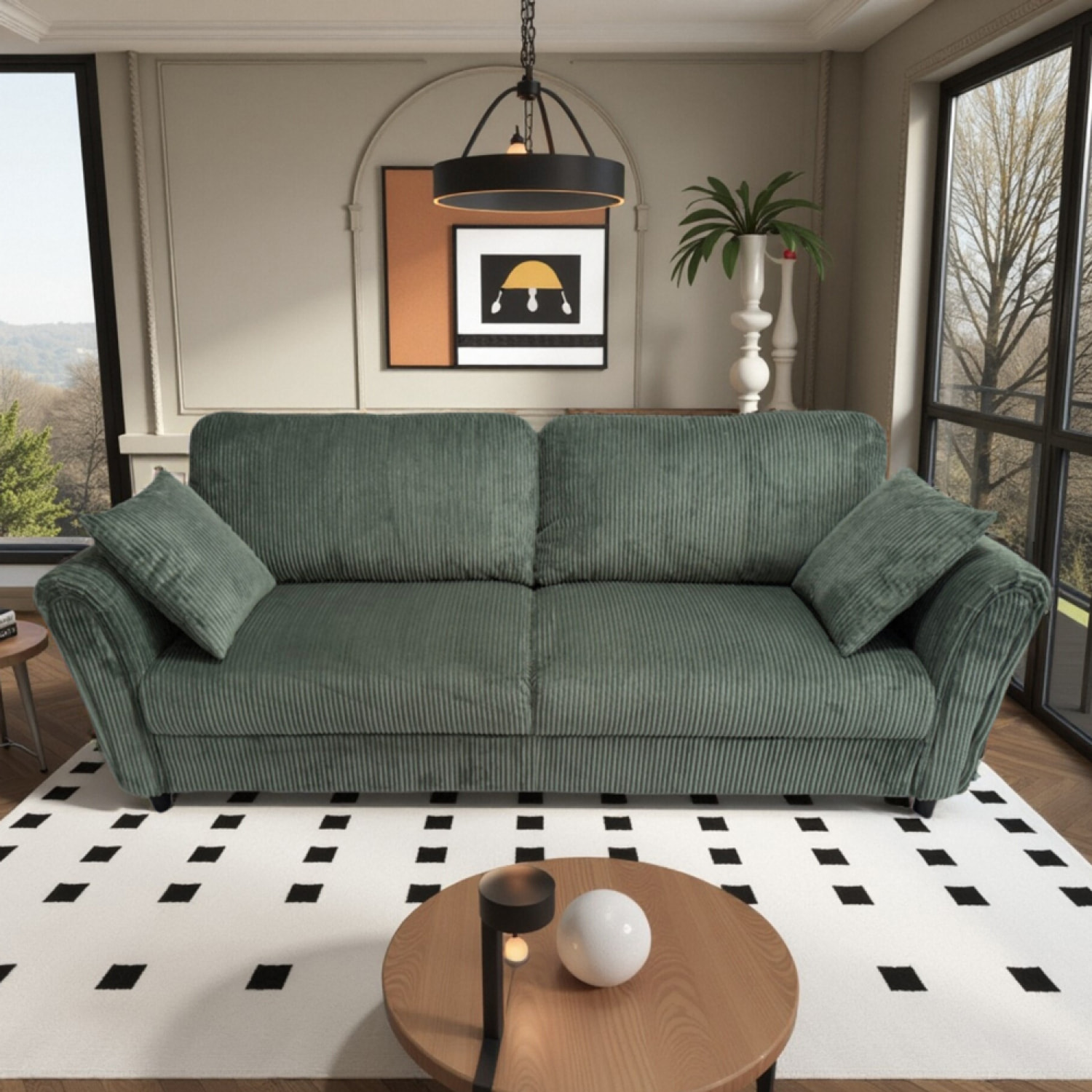 MALERNE Canapé droit 4 places en velours côtelé vert