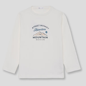 Camiseta niño crudo de manga larga, estampado de montaña estilo adventure, suave y cómoda | Color: Crudo | Street Monkey