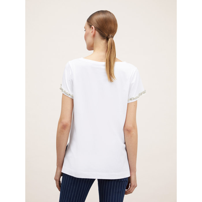 Motivi - Camiseta con mangas bordadas con piedras - Blanco