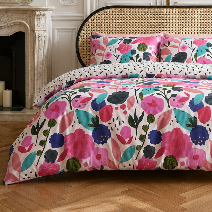 Parure housse de couette 100% percale de coton motif floral printemps blanc rose - KATE MERRITT
