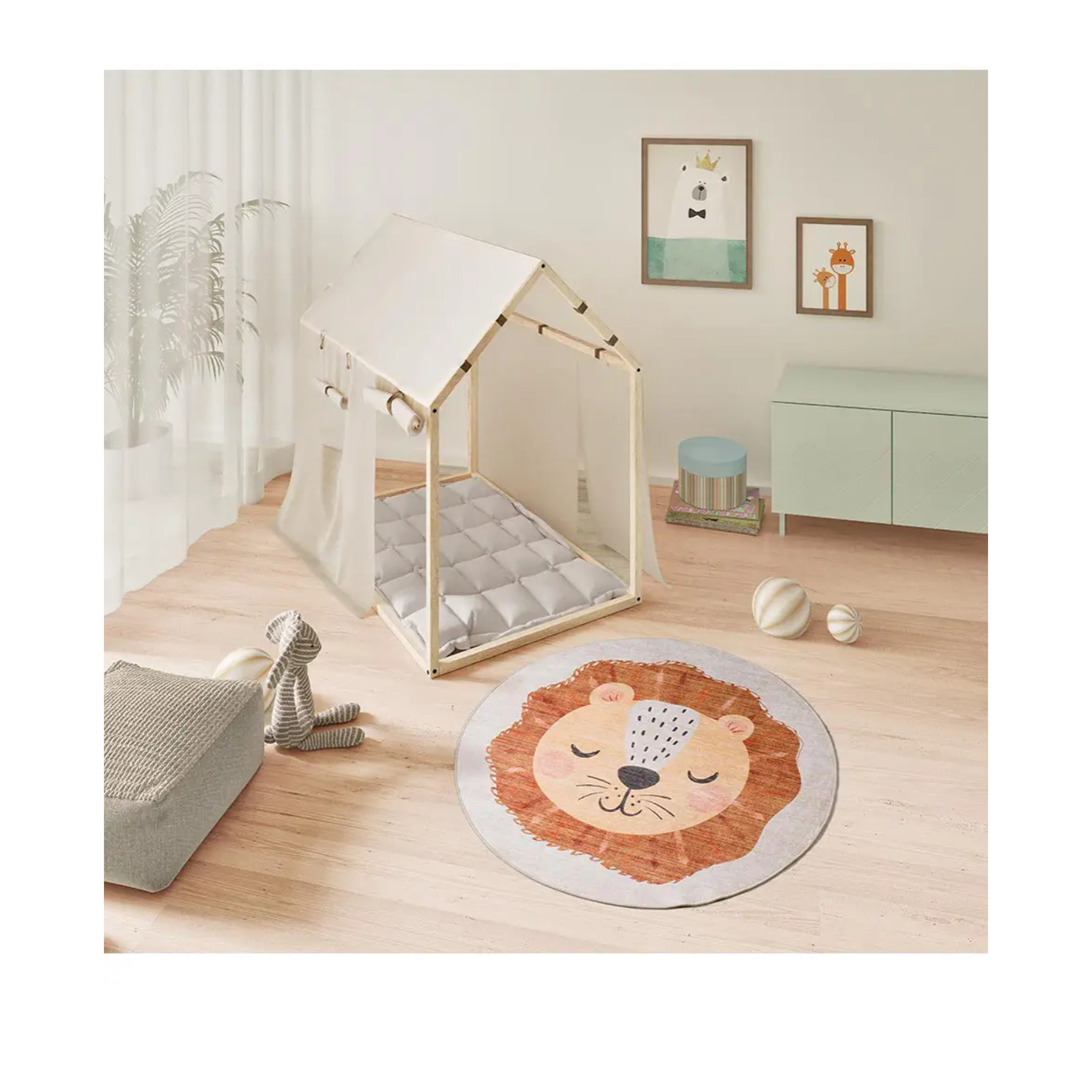 CANDY Alfombra redonda infantil lavable con león caldera, 120Ø cm