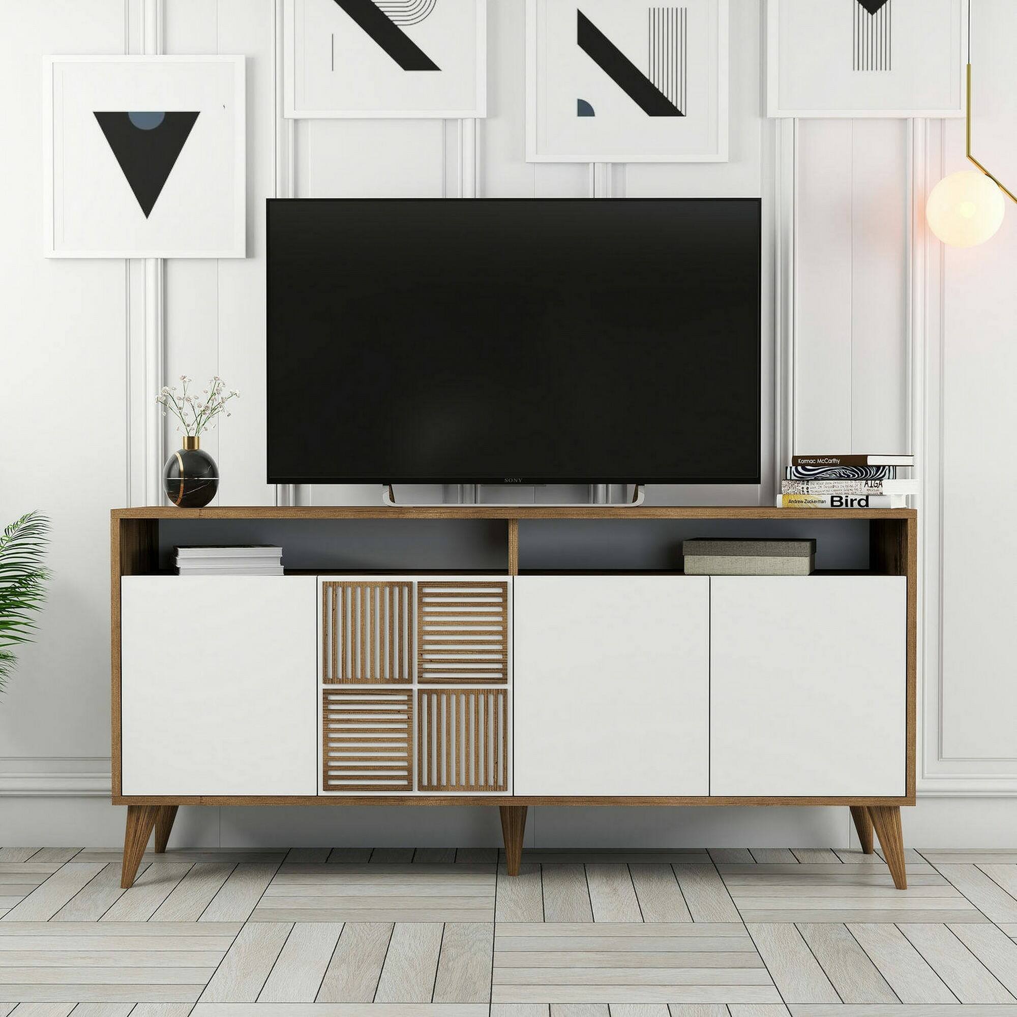 Consolle Garigliano, Credenza da soggiorno, Armadio basso per TV, Base parete attrezzata, 160x35 h79 cm, Noce e Bianco