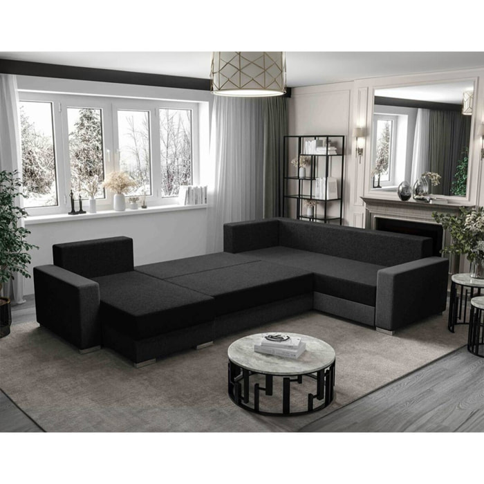 Leslie - Canapé panoramique d'angle réversible 7 places convertible avec coffre en tissu - Noir / Gris