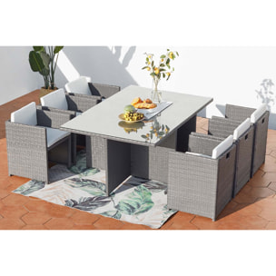 Table et chaises 6 places encastrables en résine gris-blanc REGINA