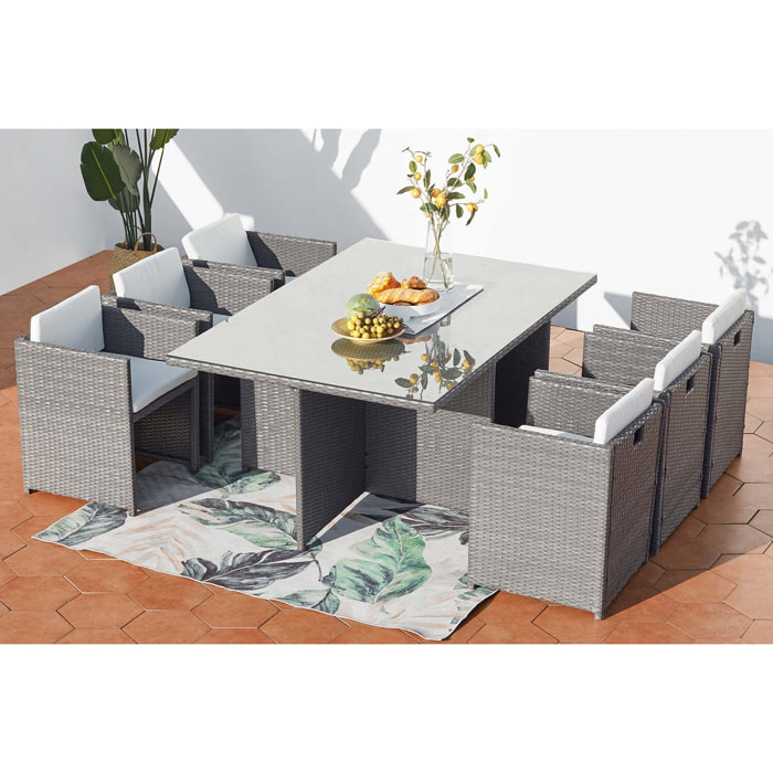 Table et chaises 6 places encastrables en résine gris-blanc REGINA