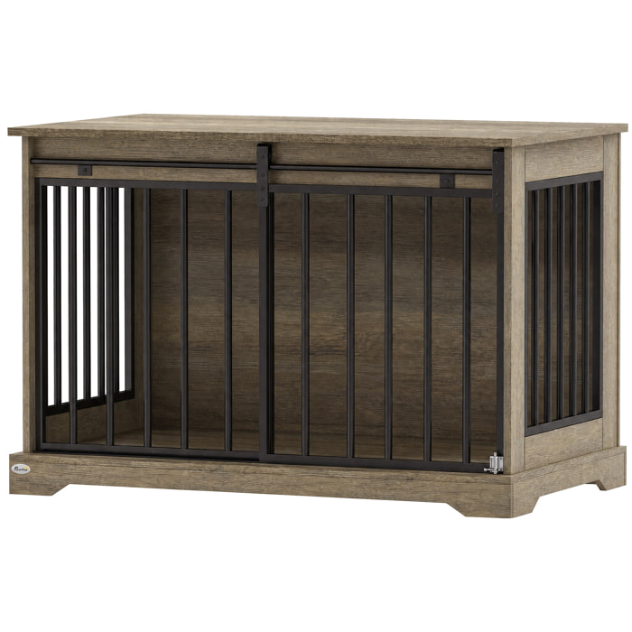 Cage chien design bois métal 100 x 60 x 68 cm porte coulissante et battante