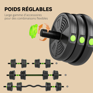 Ensemble d'haltères musculation multifonction 3 en 1 - haltères, Olympic barre, Curl EZ barre - total 20Kg - PVC vert noir