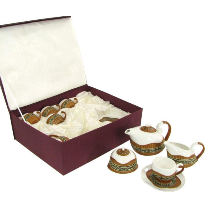 Tazza da the con teiera e lattiera 9 pezzi con decoro in bambù noce