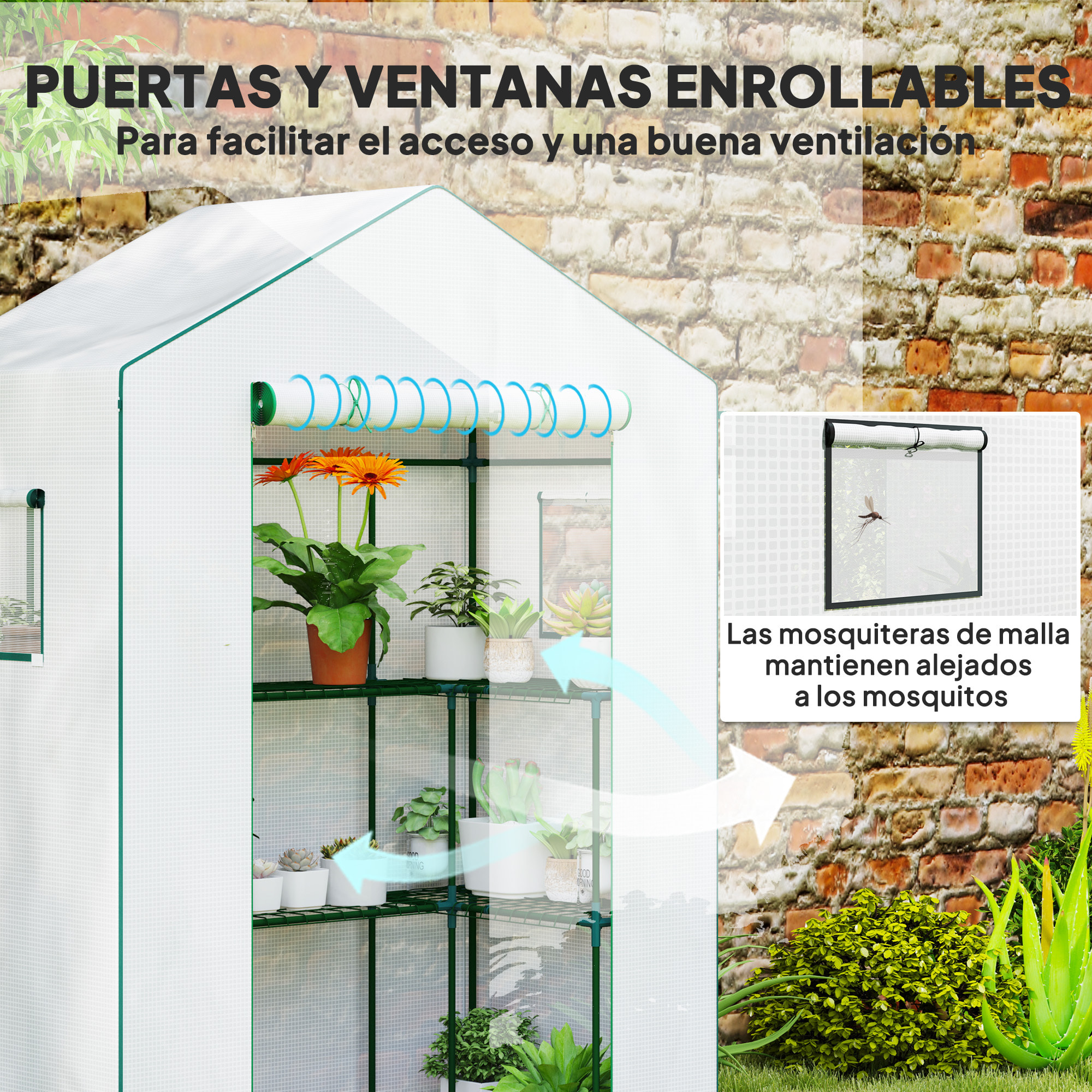 Invernadero de Exterior de 3 Niveles Invernadero de Jardín con Puerta Enrollable 2 Ventanas Estantes en Forma de U para Cultivo de Plantas en Terraza Patio 140x73x190 cm Blanco