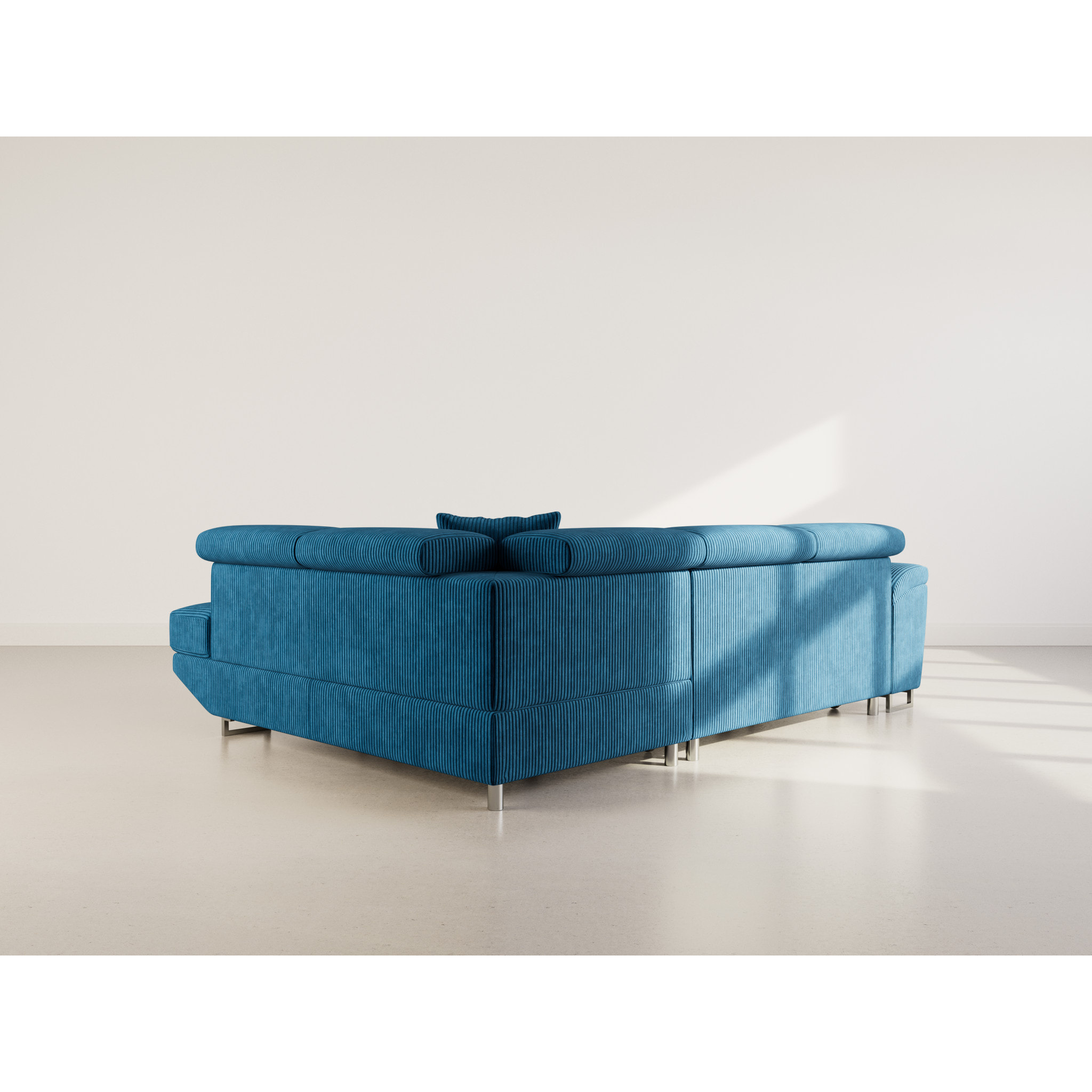 Baoji - Canapé d'angle droit 5 places convertible avec têtières et coffre en velours côtelé - Bleu