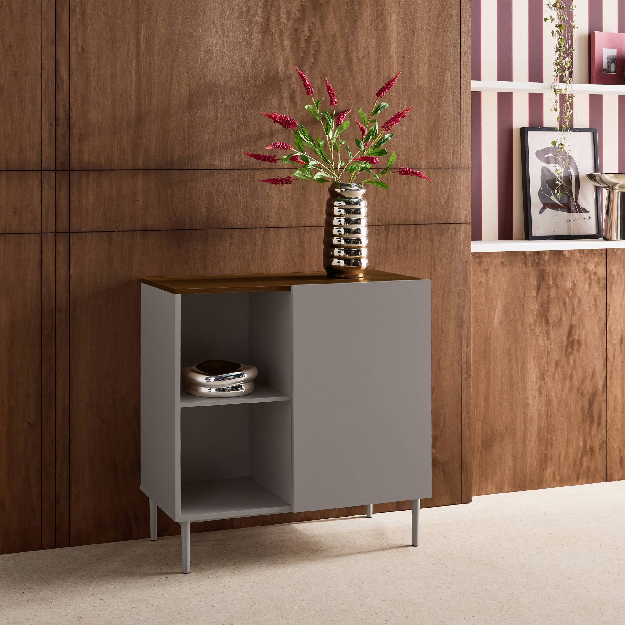 Buffet, meuble de rangement métal et décor bois 1 porte 80cm ASHTON