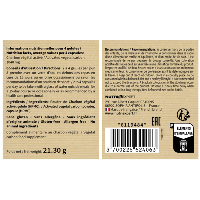 NUTRI EXPERT - Charbon végétal activé - Aide à détoxifier et assainir l'organisme - Apaise les sensations de ballonnements et flatulences - Vegan - Extraits de plantes - Lot de 2 produits