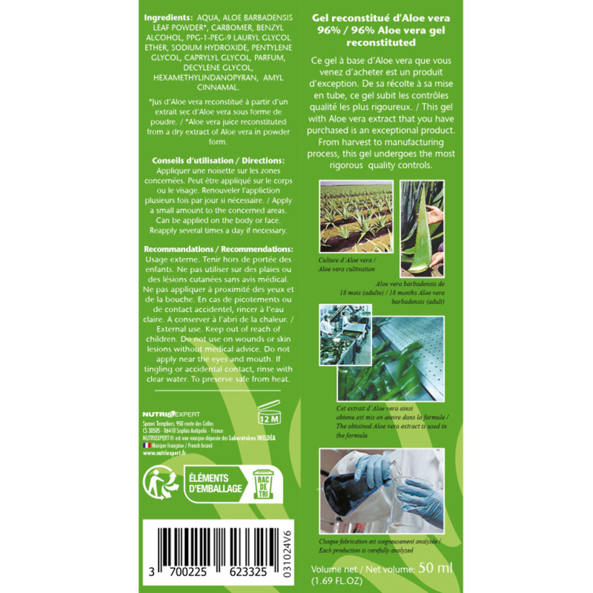 NUTRI EXPERT - Gel Aloe Vera 96% - Soin Hydratant & Apaisant Visage et Corps - Peaux Sensibles - Sans Paraben - Rougeurs et Après-Soleil - 50 ml
