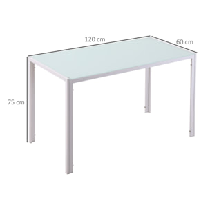 Table à manger 4 personnes - table de salle à manger dim. 120 x 60 x 75 cm - verre trempé 6 mm acier blanc